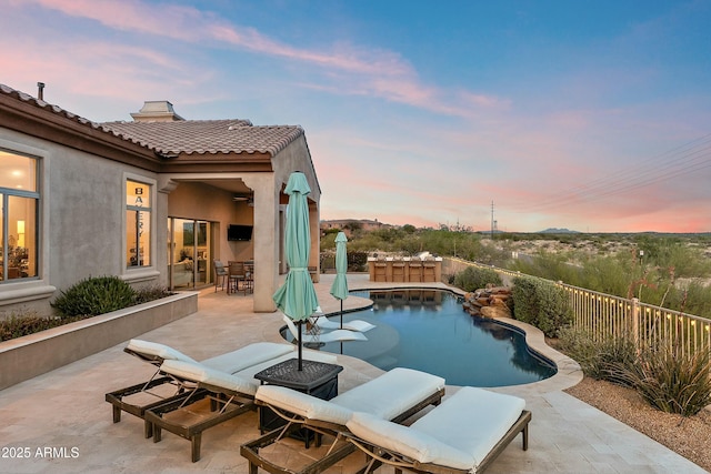 10799 E Florence Way, Scottsdale, AZ 85262 - view of swimming pool featuring outdoor dining space, a patio area, a fenced in pool, and fence