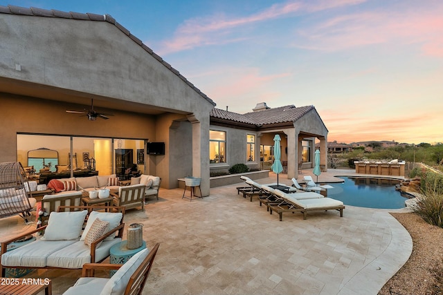 10799 E Florence Way, Scottsdale, AZ 85262 - pool with a patio area, ceiling fan, and an outdoor hangout area