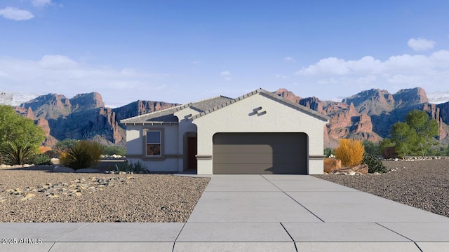 5516 E Mearn Rd, San Tan Valley, AZ 85140 - mediterranean / spanish house with a mountain view, driveway, a garage, and stucco siding