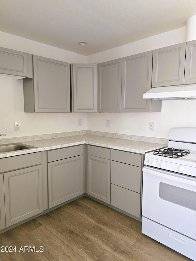 kitchen featuring light wood finished floors, gray cabinetry, white gas stove, under cabinet range hood, and a sink