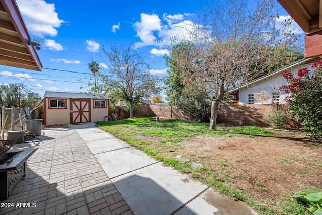 view of yard featuring a patio area and a shed