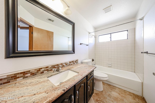 full bath featuring tasteful backsplash, visible vents, toilet, and vanity