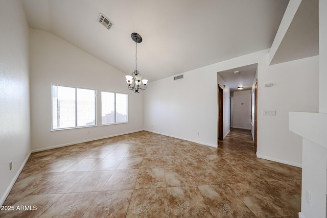 spare room with lofted ceiling, a notable chandelier, baseboards, and visible vents