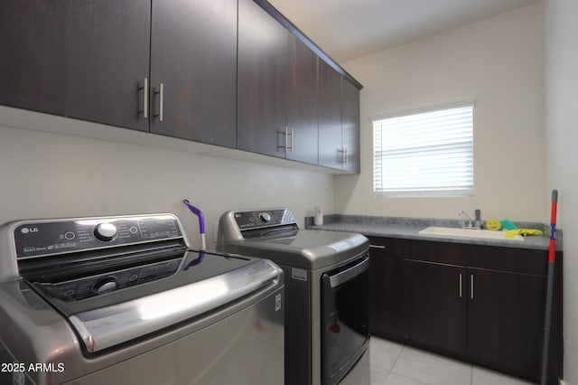 17743 N Rosa Dr, Maricopa, AZ 85138 - clothes washing area featuring light tile patterned flooring, washer and dryer, cabinet space, and a sink