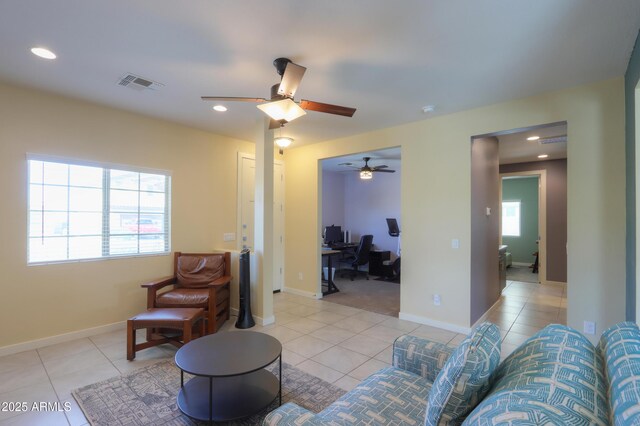 17743 N Rosa Dr, Maricopa, AZ 85138 - living area featuring light tile patterned flooring, baseboards, visible vents, ceiling fan, and recessed lighting