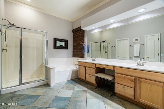 6326 W Misty Willow Ln, Glendale, AZ 85310 - bathroom featuring crown molding, a stall shower, double vanity, a bath, and recessed lighting