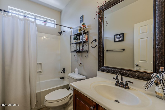bathroom featuring vanity, toilet, and shower / bath combo with shower curtain