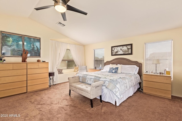 30013 N Candlewood Dr, San Tan Valley, AZ 85143 - bedroom with vaulted ceiling, ceiling fan, carpet, and visible vents