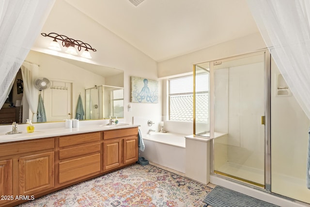 30013 N Candlewood Dr, San Tan Valley, AZ 85143 - bathroom featuring double vanity, a stall shower, a sink, a bath, and lofted ceiling