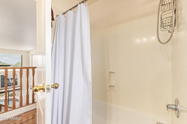 30013 N Candlewood Dr, San Tan Valley, AZ 85143 - bathroom featuring wood finished floors and shower / bath combination with curtain