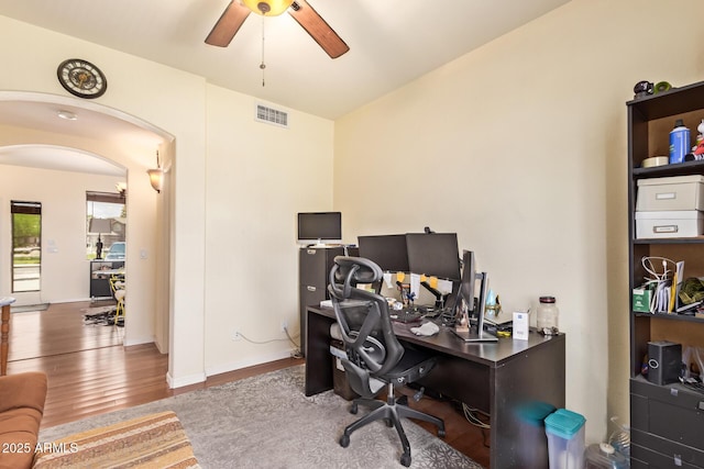 30013 N Candlewood Dr, San Tan Valley, AZ 85143 - office with wood finished floors, a ceiling fan, visible vents, arched walkways, and lofted ceiling