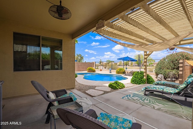 30013 N Candlewood Dr, San Tan Valley, AZ 85143 - view of swimming pool with a pergola, ceiling fan, a fenced backyard, a patio area, and a fenced in pool