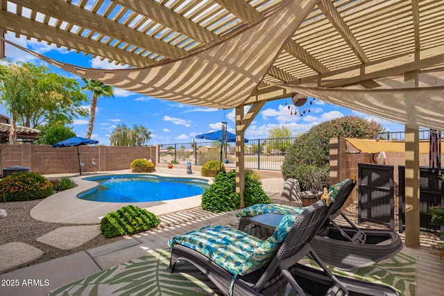 30013 N Candlewood Dr, San Tan Valley, AZ 85143 - view of pool with a patio area, a pergola, a fenced in pool, and a fenced backyard