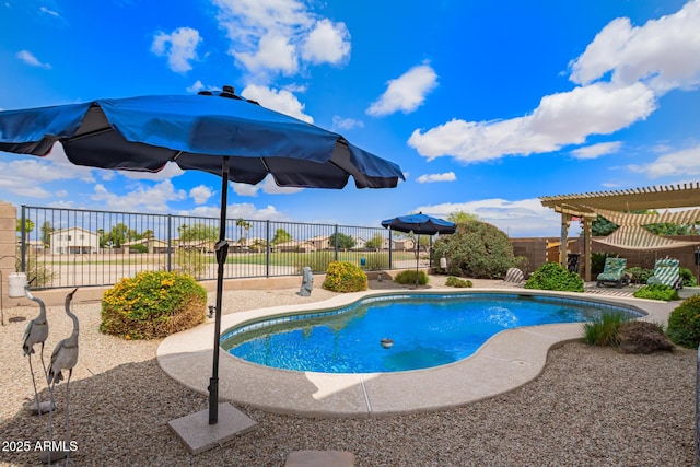 30013 N Candlewood Dr, San Tan Valley, AZ 85143 - view of pool featuring a patio area, a pergola, a fenced in pool, and fence