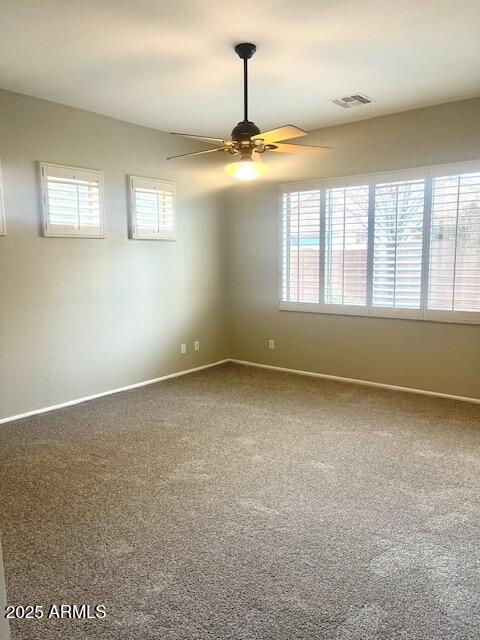 carpeted spare room with ceiling fan and a healthy amount of sunlight