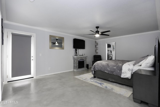 bedroom with ceiling fan and ornamental molding