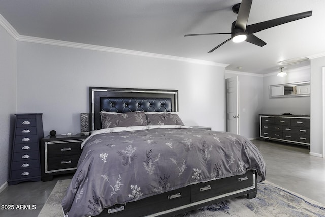 bedroom with ceiling fan and ornamental molding