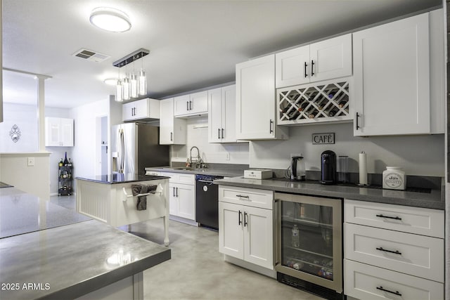 kitchen with hanging light fixtures, black dishwasher, wine cooler, stainless steel fridge with ice dispenser, and white cabinets