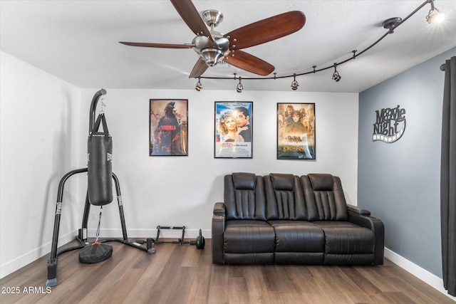 living room with ceiling fan, wood-type flooring, and track lighting