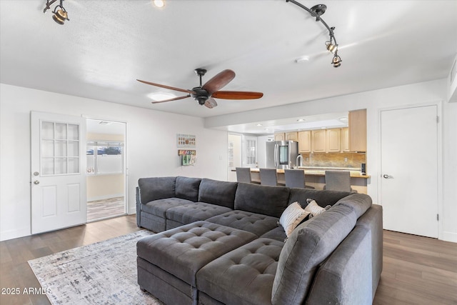 living room with hardwood / wood-style flooring and ceiling fan