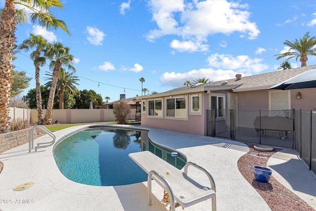 view of pool with a patio and a diving board