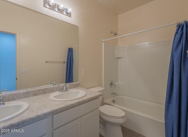 full bathroom with toilet, vanity, and shower / bathtub combination with curtain