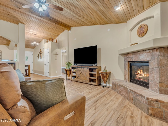 490 E Twelve Oaks Dr, Flagstaff, AZ 86005 - living area featuring wood ceiling, a ceiling fan, wood finished floors, and a stone fireplace