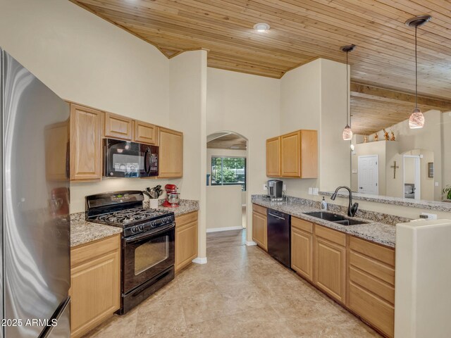 490 E Twelve Oaks Dr, Flagstaff, AZ 86005 - kitchen featuring black appliances, wooden ceiling, arched walkways, light brown cabinets, and light stone counters