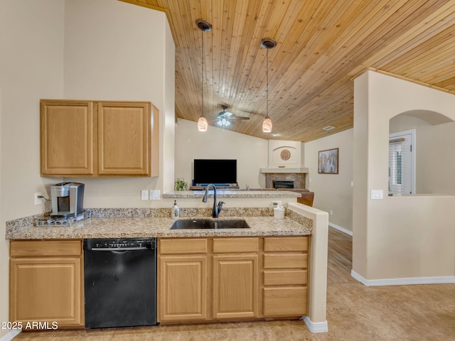 490 E Twelve Oaks Dr, Flagstaff, AZ 86005 - kitchen with black dishwasher, wooden ceiling, a fireplace, open floor plan, and ceiling fan