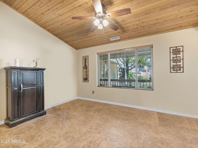 490 E Twelve Oaks Dr, Flagstaff, AZ 86005 - empty room featuring wood ceiling, ceiling fan, vaulted ceiling, and light tile patterned floors