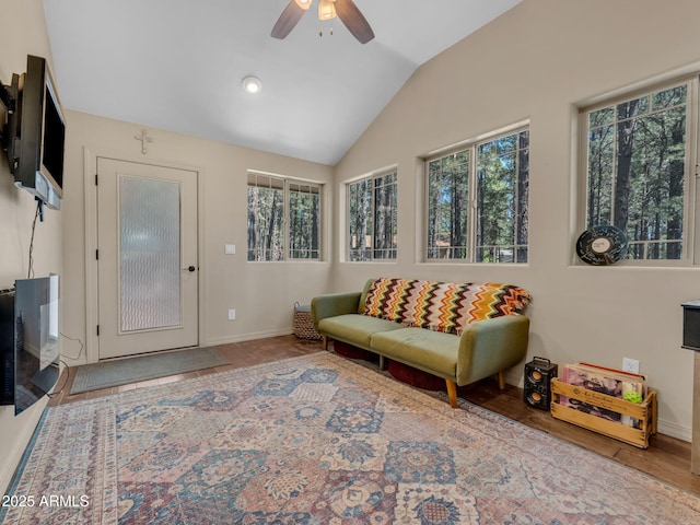 490 E Twelve Oaks Dr, Flagstaff, AZ 86005 - living area featuring vaulted ceiling and ceiling fan