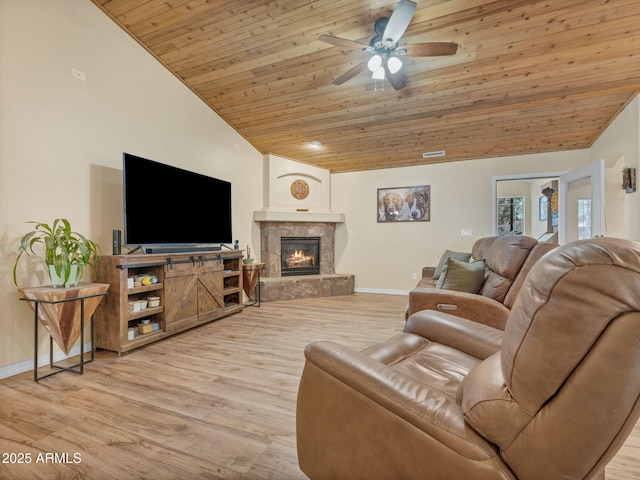 490 E Twelve Oaks Dr, Flagstaff, AZ 86005 - living area featuring wooden ceiling, vaulted ceiling, ceiling fan, light wood-type flooring, and a tiled fireplace