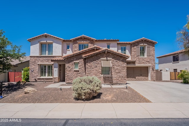 3574 E Glacier Pl, Chandler, AZ 85249 - view of front of house with fence, stucco siding, an attached garage, and stone siding