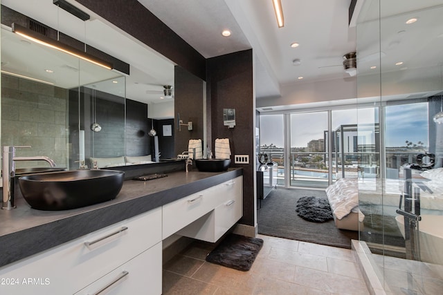 full bath featuring ceiling fan, vanity, recessed lighting, and tile patterned floors