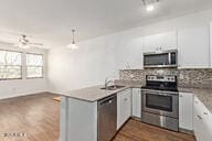 kitchen featuring white cabinetry, a peninsula, tasteful backsplash, and appliances with stainless steel finishes