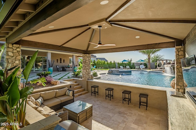 31517 N 41st St, Cave Creek, AZ 85331 - view of patio / terrace with outdoor lounge area, a pool with connected hot tub, a bar, a gazebo, and a ceiling fan