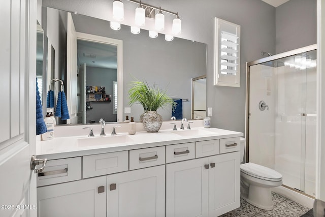 31517 N 41st St, Cave Creek, AZ 85331 - bathroom featuring a stall shower, double vanity, toilet, and tile patterned floors
