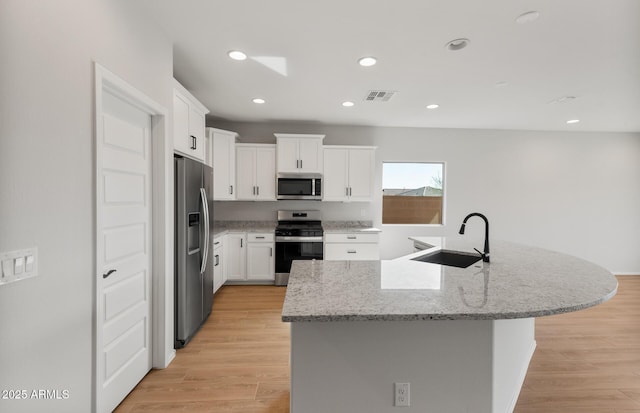 kitchen with a center island with sink, visible vents, white cabinets, appliances with stainless steel finishes, and a sink