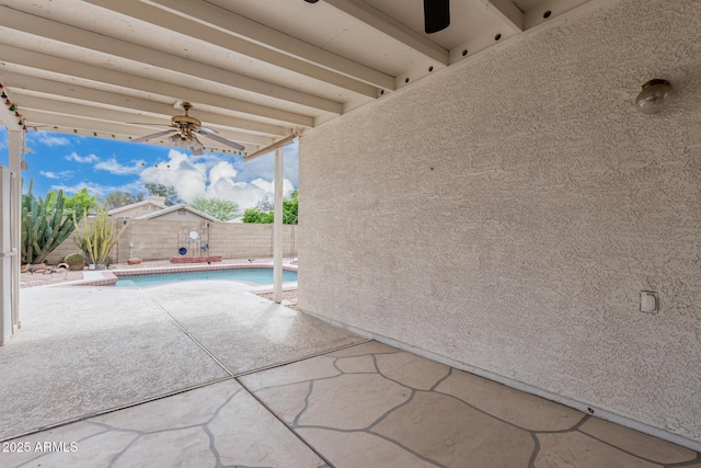 3349 E Lavey Ln, Phoenix, AZ 85032 - view of patio featuring a fenced backyard, ceiling fan, and a fenced in pool