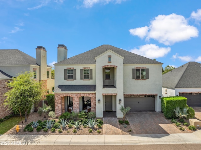 625 W Echo Ln, Phoenix, AZ 85021 - french country inspired facade with a chimney, decorative driveway, roof with shingles, an attached garage, and stucco siding