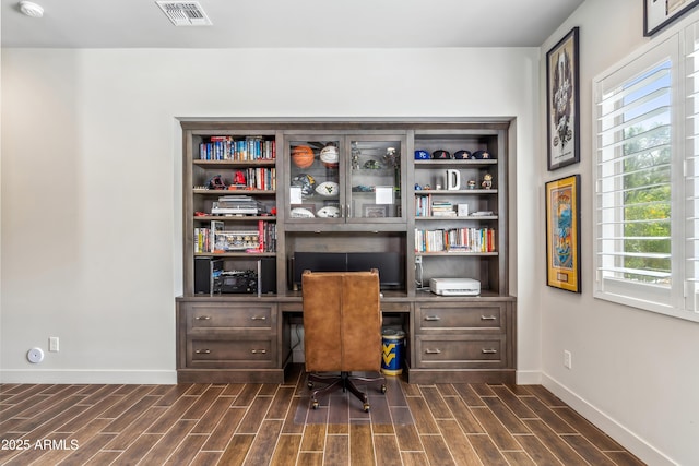 625 W Echo Ln, Phoenix, AZ 85021 - office space with baseboards, visible vents, dark wood-style floors, and built in desk