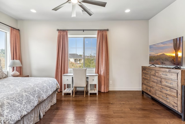 625 W Echo Ln, Phoenix, AZ 85021 - bedroom featuring visible vents, baseboards, recessed lighting, dark wood finished floors, and a ceiling fan
