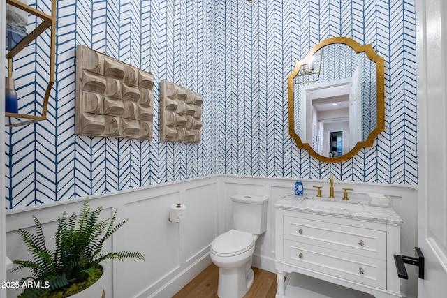 bathroom featuring toilet, wood finished floors, vanity, and a decorative wall