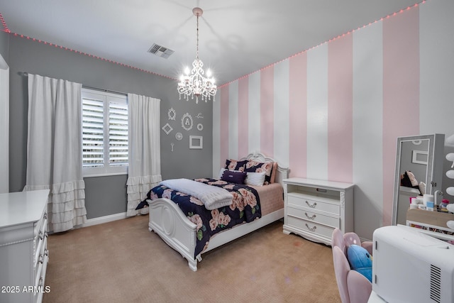 bedroom with visible vents, wallpapered walls, baseboards, light colored carpet, and a notable chandelier