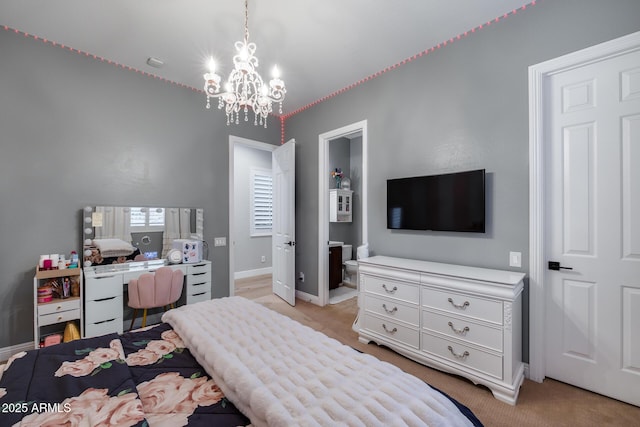 bedroom featuring light carpet, baseboards, and a chandelier