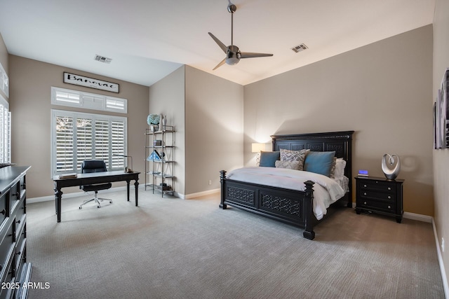 carpeted bedroom featuring visible vents, a ceiling fan, and baseboards