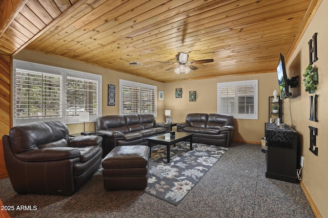 carpeted living room with wooden ceiling and ceiling fan