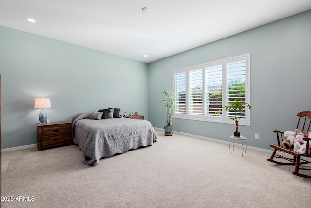 carpeted bedroom with baseboards and recessed lighting