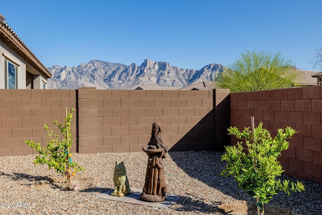 view of yard with a mountain view and a fenced backyard