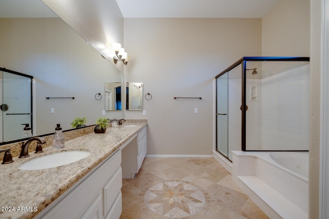 bathroom featuring tile patterned floors, vanity, and plus walk in shower